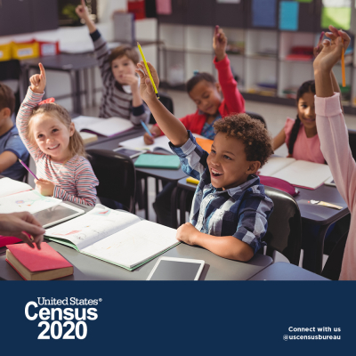 Census promotional flyer of children in a classroom raising their hands