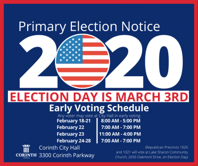Primary Election Notice flyer with white letters and with "Election Day is March" 3rd in Red. 